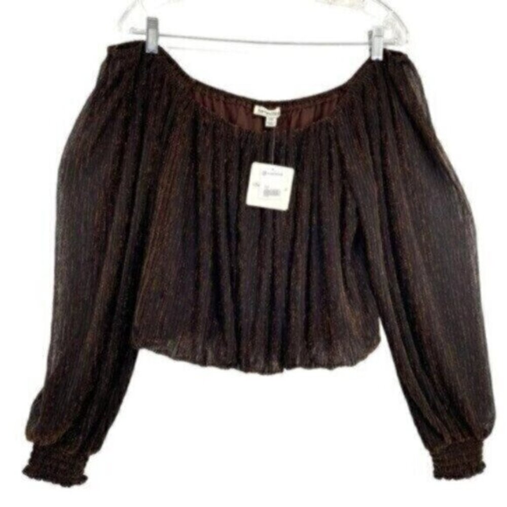 Charmed Hearts Boutique Off Shoulder Metallic Bronze Crop Top Blouse Puff Sleeve